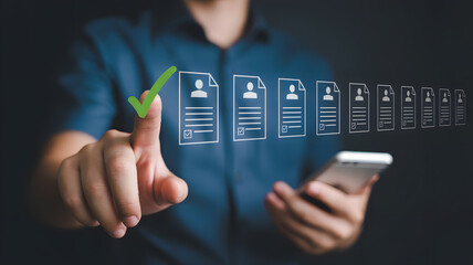 Hand selecting a candidate profile with a green checkmark from a list of options.png