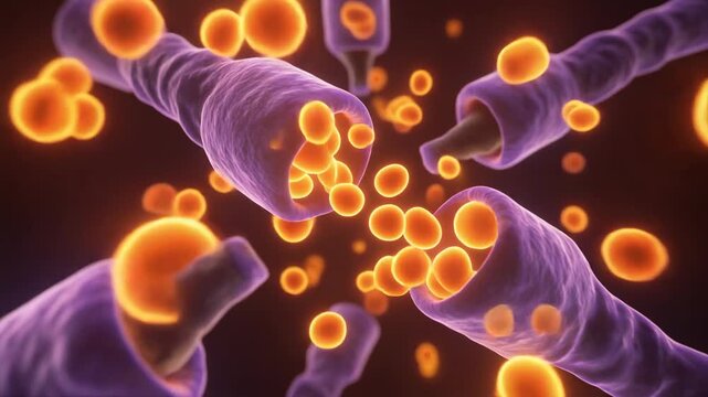 Microscopic view of synaptic vesicles releasing neurotransmitters in a neuron.