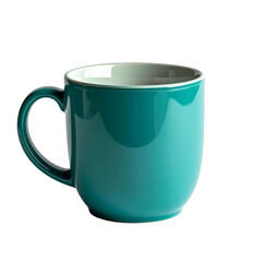 Teal ceramic mug, glossy finish, white interior, isolated on a stark black background