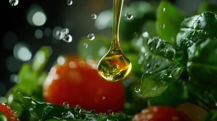 Golden oil droplet falling on fresh salad and tomatoes