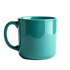 A glossy teal ceramic mug, rendered against a stark black backdrop. Smooth, curved design