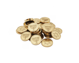 Pile of gold coins with menorah and star of David Jewish symbols isolated on a transparent background