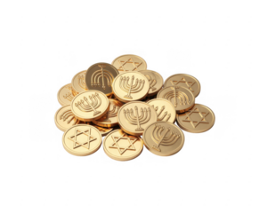 Pile of gold coins with menorah and star of David reliefs isolated on a transparent background