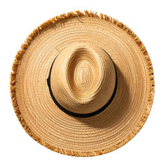 Overhead view of a woven straw hat with wide brim and dark band against black backdrop