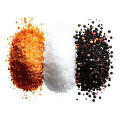 Culinary trio orange spices, bright salt, and mixed peppercorns displayed against black