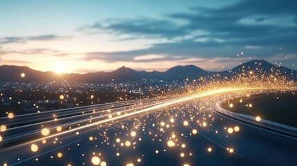 Futuristic highway with glowing light trails at sunset