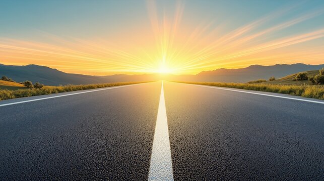 Open road at sunrise leading to a bright, radiant horizon with mountains in the distance