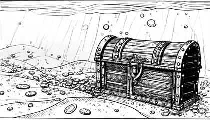 Sunken Treasure Chest on Ocean Floor with Coins.