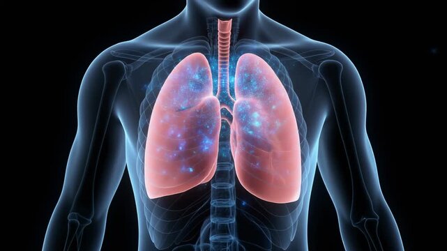 Animated 3D render of human lungs inflating and deflating with visible particles