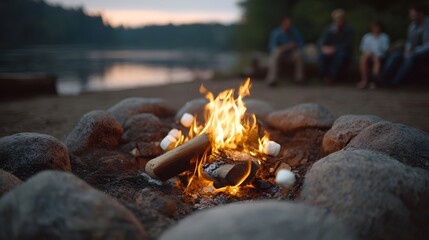 Warm campfire glows with marshmallows roasting on sticks by a serene lake at dusk