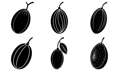Black avocado fruit with leaves and cross-sections on white background silhouette