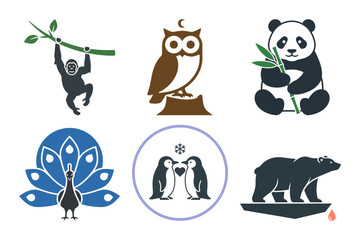 World wildlife day animal icons with orangutan owl panda peacock and bear vector illustration © PixelCraftGallery