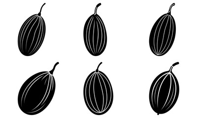 Six Black and White Striped Eggplant Silhouettes on White Background vegetable