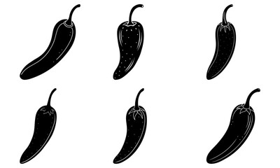 Five Black Pepper Silhouettes on White Background spice chili
