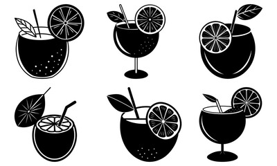 Six black and white cocktail glasses with citrus slices and straws on a white background lemon lime