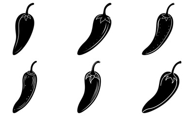 Six Black Silhouette Chili Peppers on White Background spicy