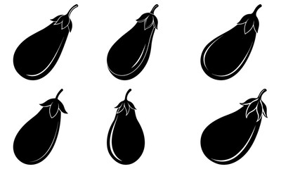 Five black eggplant silhouettes with white outlines on transparent background vegetable