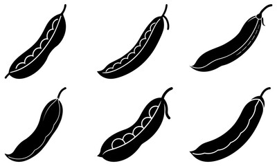 Five Black Silhouette Pea Pods on White Background vegetable