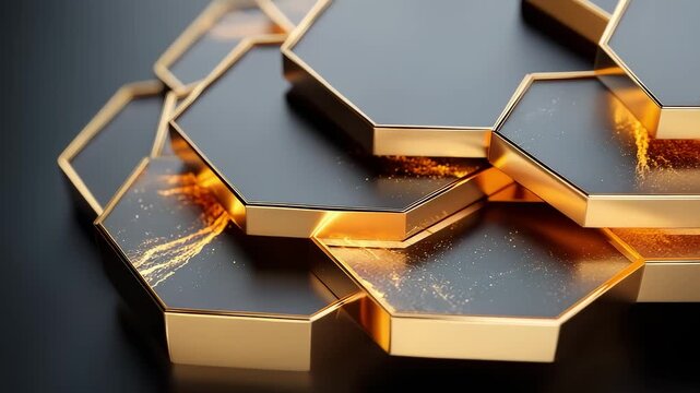 Elegant 3D black gold hexagonal layered motion background