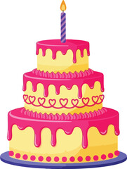 Birthday Cake Vector Illustration with Pink Dripping Icing -Cartoon Celebration Cake with Candle and Heart Decorations