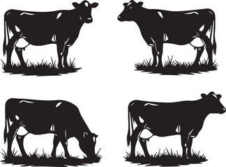 Dairy Cow Silhouette Bundle for Milk Brand or Logo Design - cow, silhouette, vector, animal, farm, cattle, dairy, black, illustration, set, collection, agriculture, livestock, grazing, grass, 
