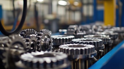 Detailed view of metal gears industrial machinery manufacturing components