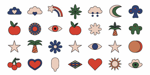Collection of colorful hand drawn style icons and playful graphic elements