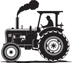 Farm Tractor Silhouette Vector with Driver and Smoke - Agricultural Machinery Icon - Farmer Driving Tractor Side View