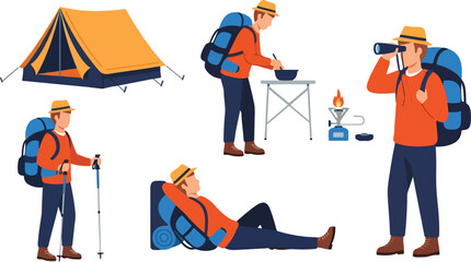 Hiker Character Vector Set: Camping, Trekking, and Outdoor Adventure - Flat Illustration Collection of Male Backpacker with Camping Gear