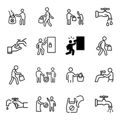 Sheet of black line icons depicting environmental actions. Illustrations include people handling recycling bins