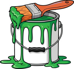 Green Paint Can and Brush Cartoon Vector Illustration - Dripping Paint Bucket Icon for Home Renovation and DIY - paint, bucket, brush, green, can, dripping, vector, illustration, renovation, cartoon, 