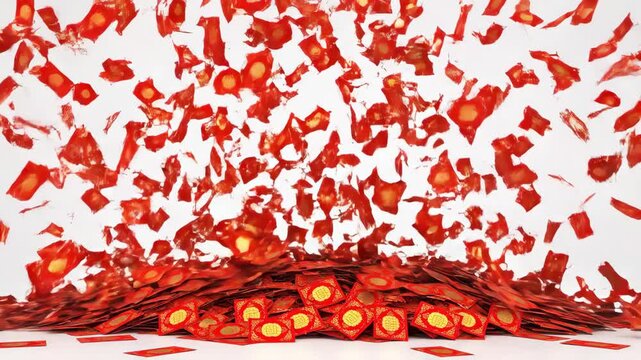 Celebrating chinese culture, red hongbao envelopes are dynamically falling and piling up on a clean white surface.