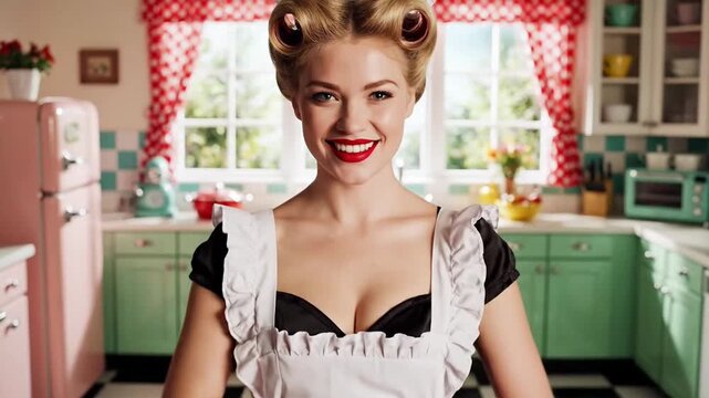 Retro Housewife with Red Gloves in Vintage Kitchen.