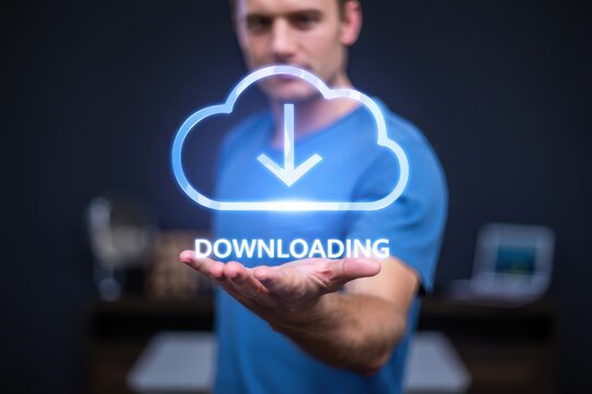 Man holding cloud download icon with text cloud computing downloading - Powered by Adobe