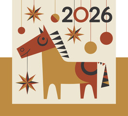 A charming new year illustration featuring a horse starbursts ornaments and the year 2026 in a retro style