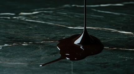 Dark liquid pouring onto marble surface rich texture and reflection