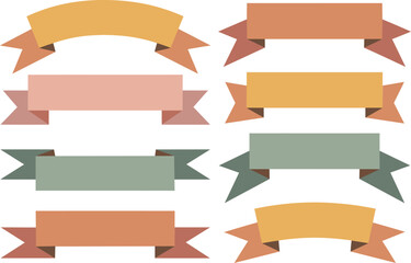 a collection of colorful ribbon banners and labels in various shapes and shades arranged neatly on a white background