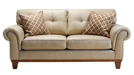 Beige leather sofa with patterned pillows isolated on a transparent background couch