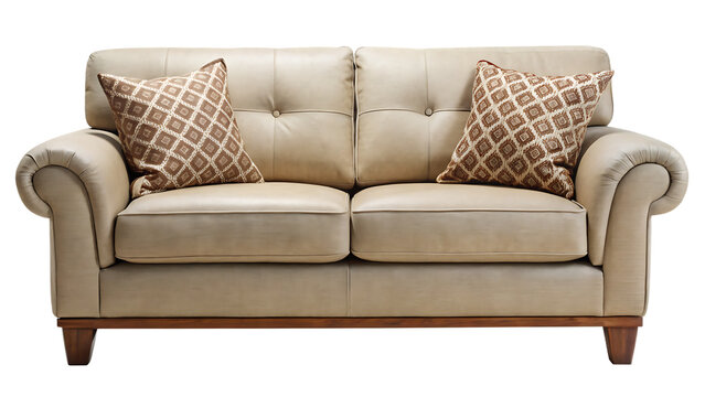 Beige leather sofa with patterned pillows isolated on a transparent background couch