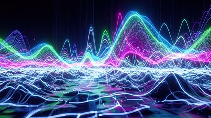 Abstract Neon Sound Waveform & Data Visualization: Futuristic 3D Digital Terrain, Glowing Particles, Audio Analysis, Tech Background