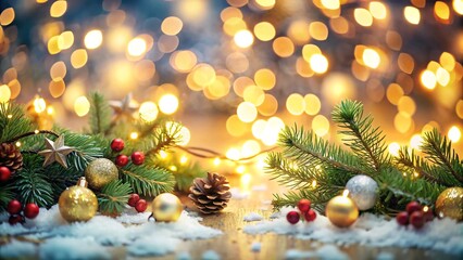 Festive christmas holiday border with pine branches ornaments berries and bokeh lights