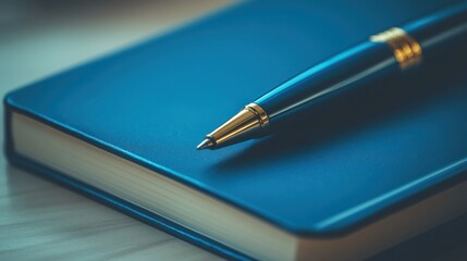 Blue notebook and gold pen business and education concept