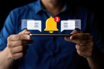 Person holding smartphone with notification bell and chat bubbles message