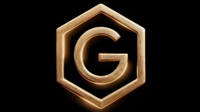 3D Brushed Gold Letter G Inside Hexagon with Warm Glow