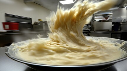 Creamy dough poured into a metal bowl in a kitchen setting