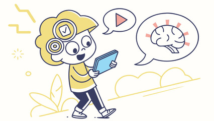 Naklejka premium Cartoon child learning with a tablet, showing engagement, focus, and brain activity.