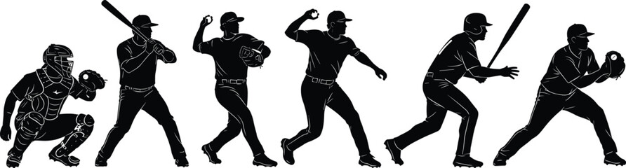 Naklejka premium Silhouettes of baseball players in action, including a catcher, batter, and pitchers, representing sports, athleticism, and team competition.