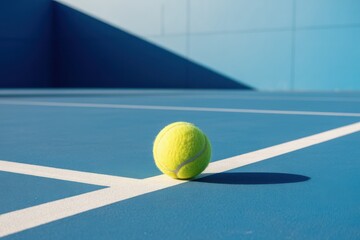 A single yellow tennis ball on a blue tennis court surface sports