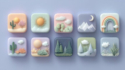 Collection of eight different images of landscapes, each with a different season. The images include a desert, a mountain, a rainforest, a snowy landscape, and a desert with a cactus