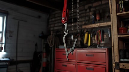 Rusty metal hook hanging from red chain hoist in workshop setting